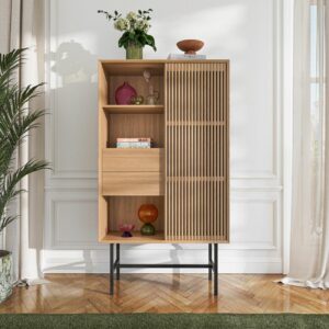 Elya - Buffet haut 1 porte et 2 tiroirs en chêne - Naturel