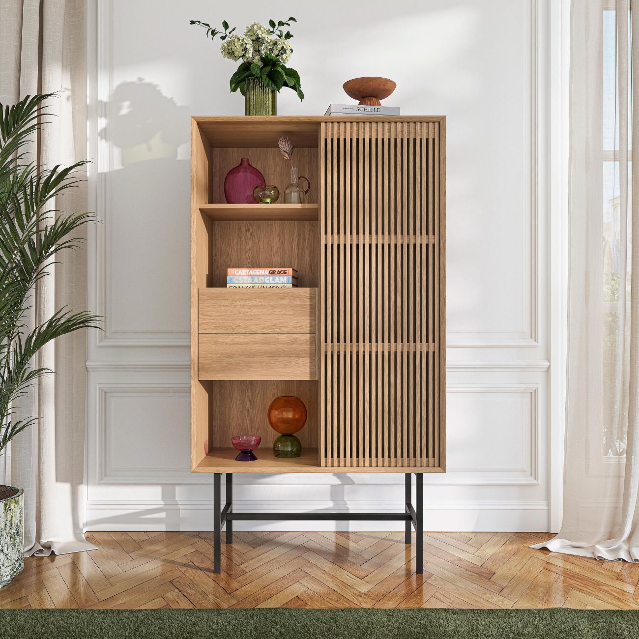 Elya – Buffet haut 1 porte et 2 tiroirs en chêne – Naturel