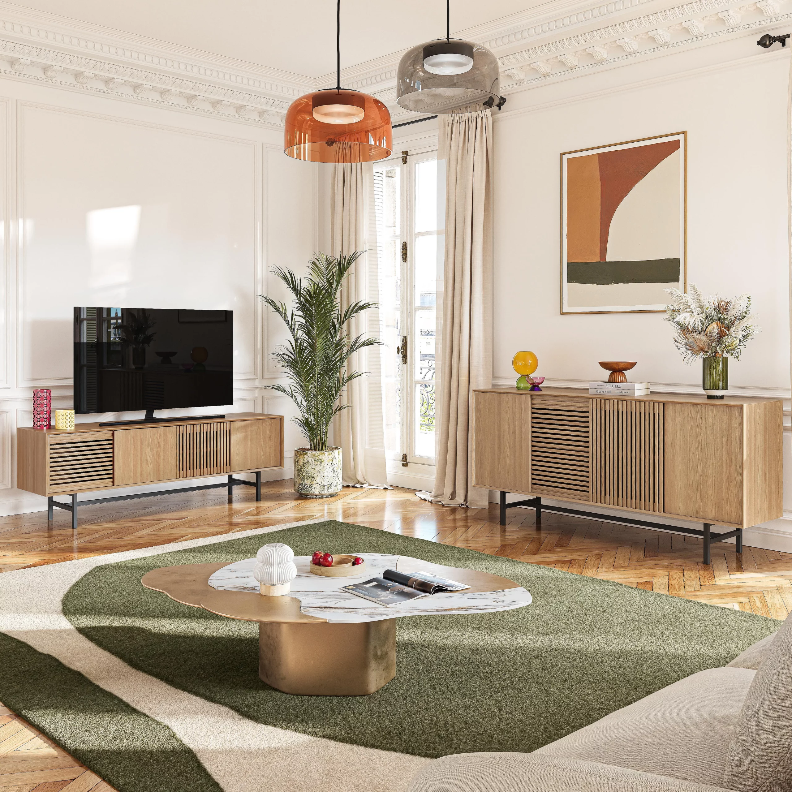 ELYA - Meuble TV 4 portes en chêne - Naturel - Design by Céline Mognon Fichet