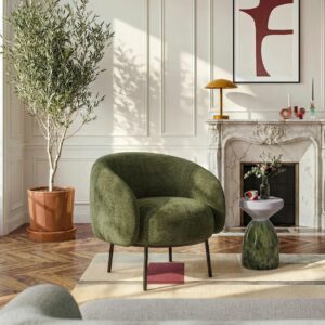 fauteuil vert kaki dans un salon moderne