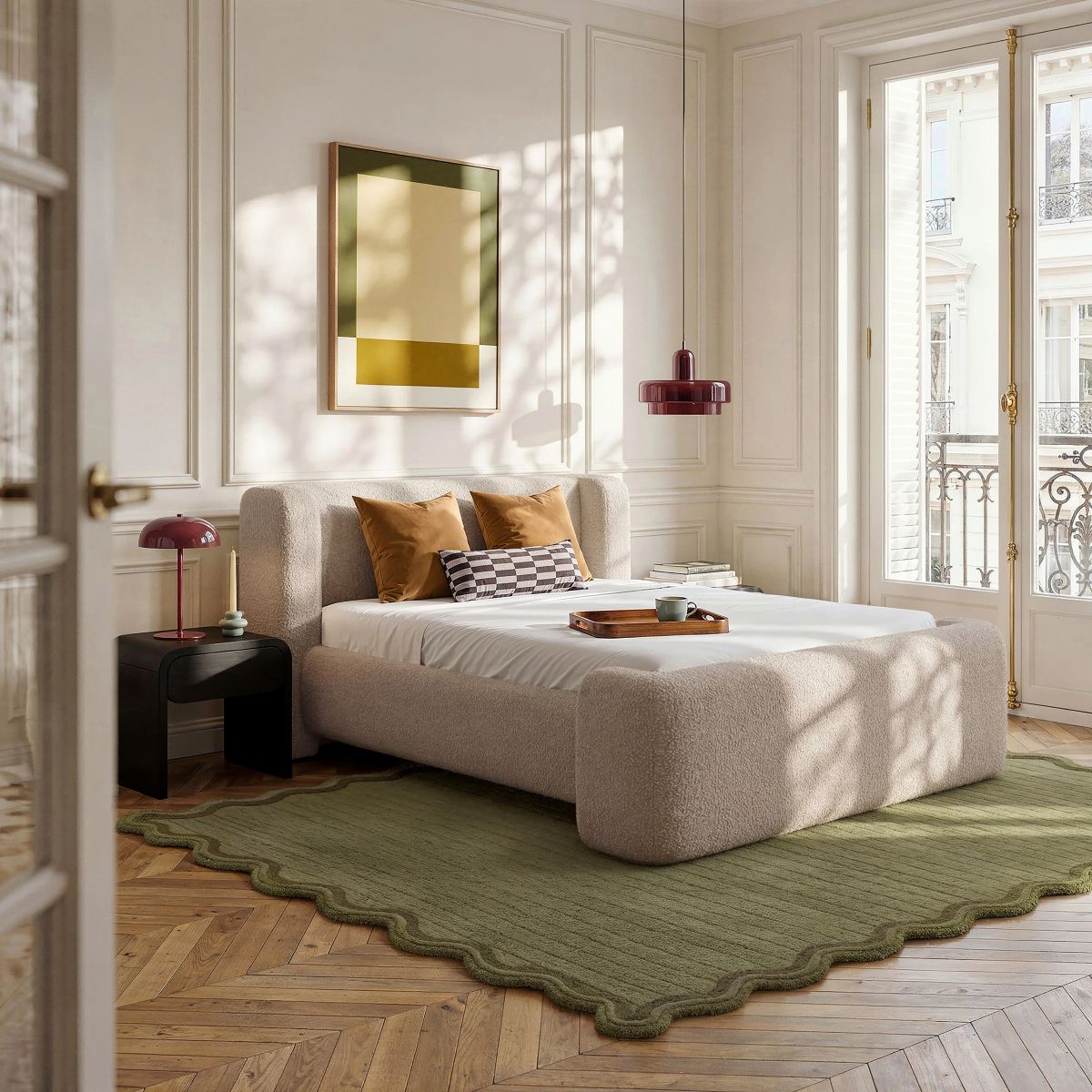 Olbia – Lit 180 x 200 cm en tissu bouclette – Grège