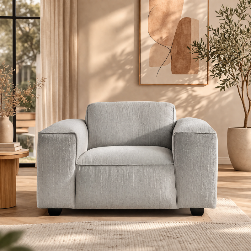 Posada II – Fauteuil en tissu bouclette courte Mira – Gris perle
