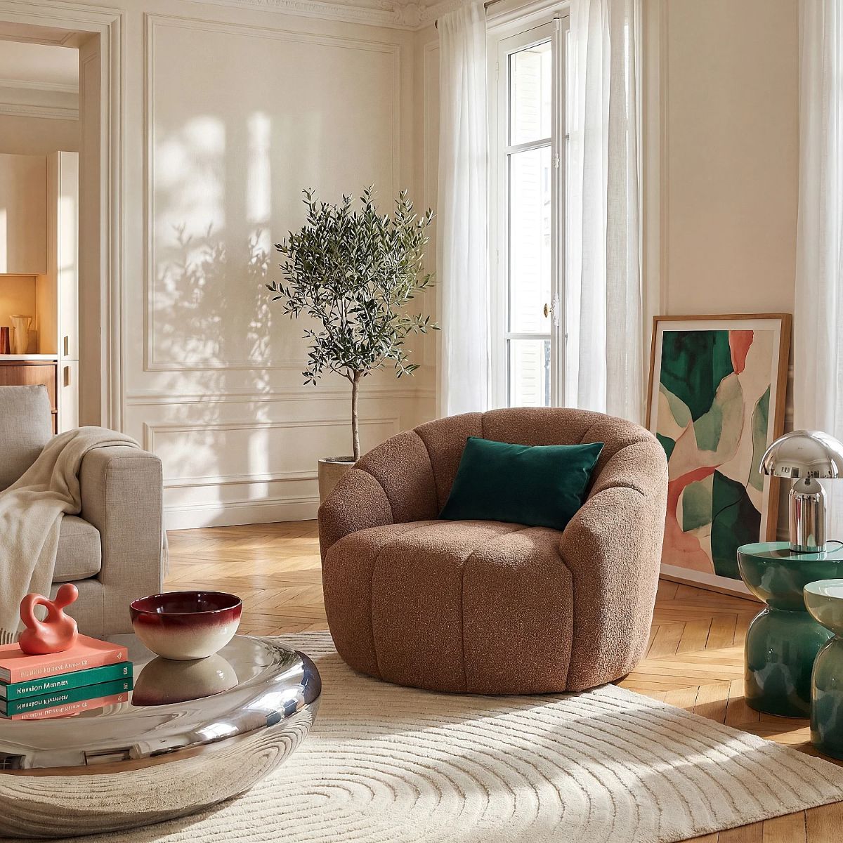Mayera – Fauteuil loveuse pivotant en tissu texturé – Terracotta