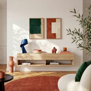 Nepi - Meuble TV suspendu 2 tiroirs en chêne - Naturel